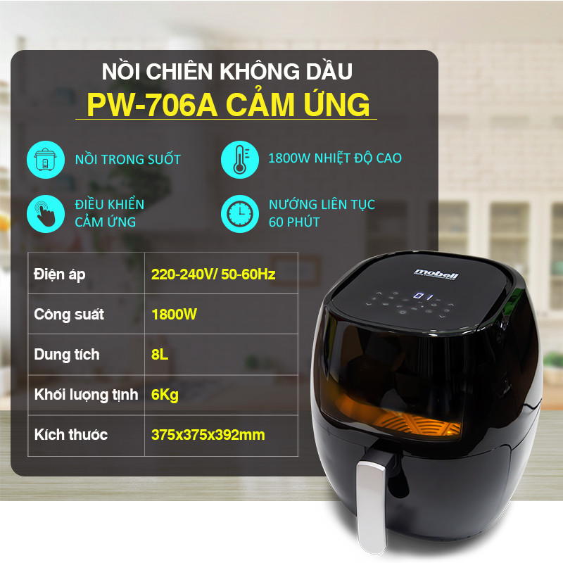 Nồi Chiên Không Dầu Công Nghệ Rapid Air - Chiên, Nướng Quay 360 Độ Model PW-706A, Thân Thiện Cho Sức Khỏe, Dung Tích 8L Tiện Lợi, Tiết Kiệm Điện, Dễ Dàng Sử Dụng - Chính Hãng