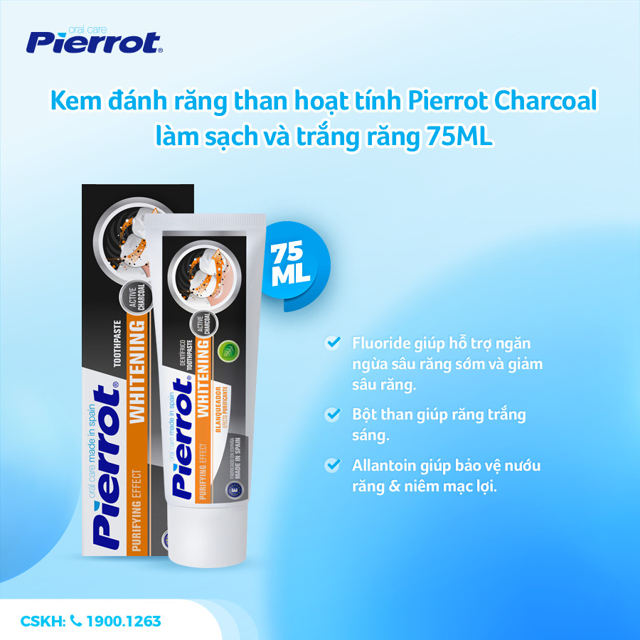 [ Tặng bông tăm care4u ] Kem đánh răng than hoạt tính Pierrot Charcoal làm sạch và trắng răng 75ML