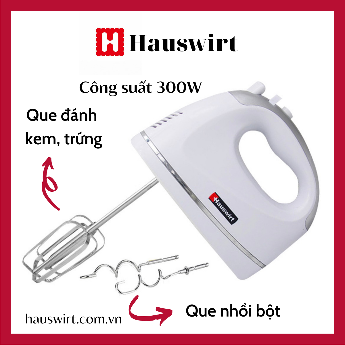 Máy đánh trứng, nhồi bột cầm tay Hauswirt HM330 công suất 300W hàng chính hãng 5 tốc độ đánh