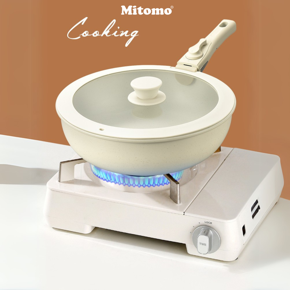 Bộ nồi chảo đá gốm Mitomo chống dính cao cấp 5 món có tay cầm tháo rời, dùng cho mọi loại bếp - Hàng chính hãng