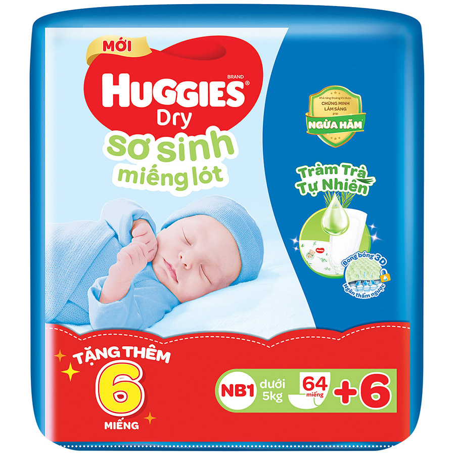 Miếng lót sơ sinh NB1 HUGGIES DRY 64 miếng + 6 miếng cùng loại