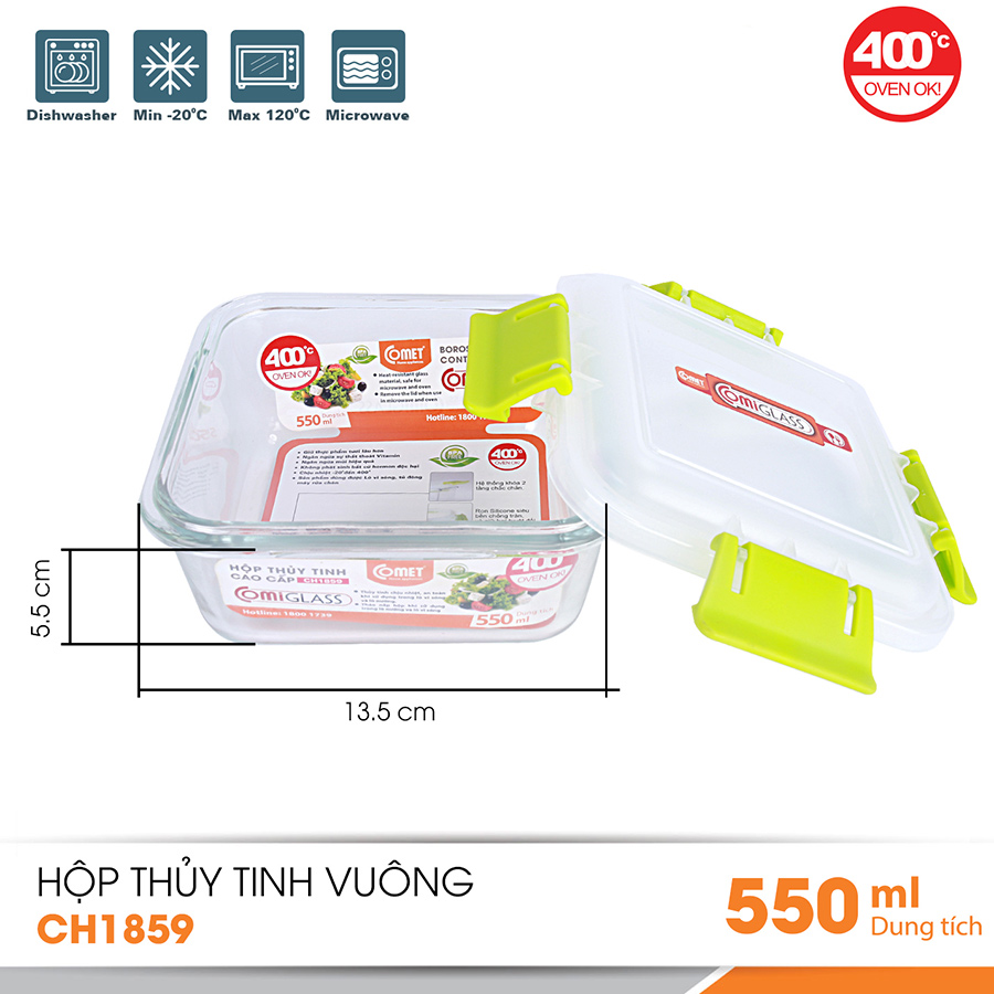 Bộ 3 hộp đựng thuỷ tinh vuông Comet CH1859 – 550ml