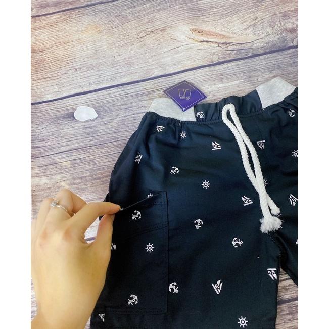 Quần Bé Trai Size 6-17Kg, 5 Tháng Đến 4 Tuổi Đen Hình Mỏ Neo Có 2 Túi, Quần Short Jean Đùi Thun Co Giãn