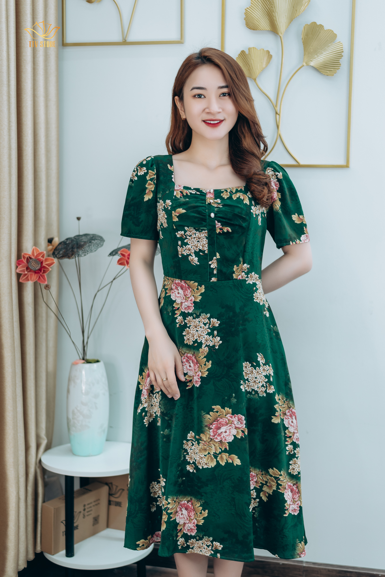 Đầm xòe thiết kế trung niên sang trọng cao cấp Cổ vuông tay ngắn màu Xanh rêu hoa TTV STORE TTV1263