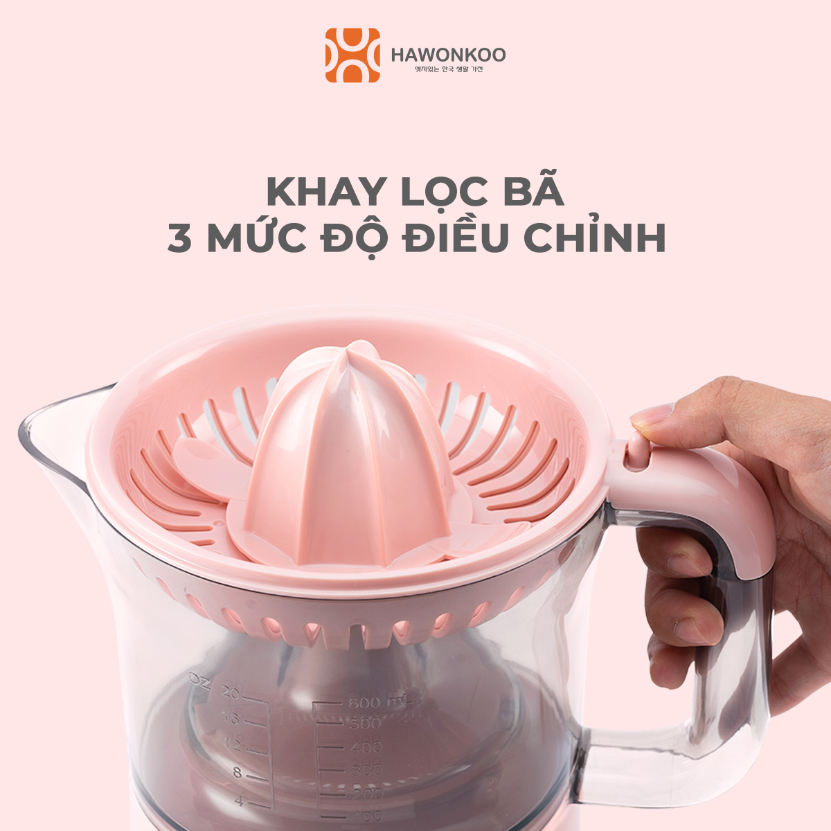 Máy Vắt Cam HAWONKOO OJH-001-PK Hồng Pastel 30W 600ML Hàng Chính Hãng Bảo Hành 12 Tháng - Thương Hiệu Hàn Quốc