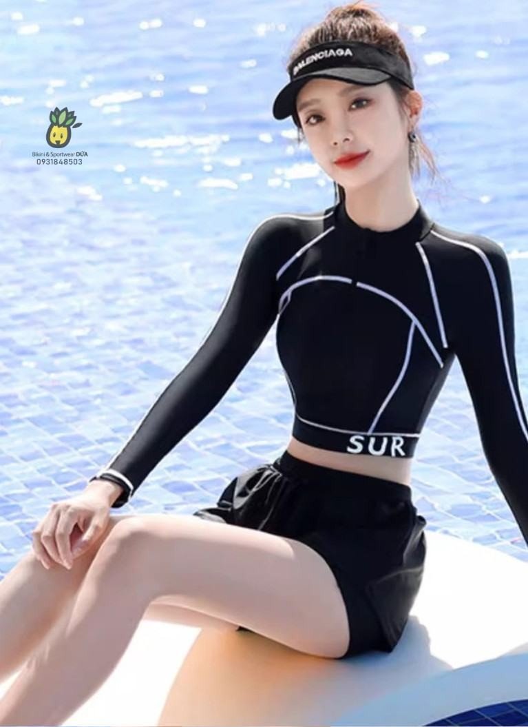 Đồ Bơi 2 Mảnh Tay Dài Mix Quần Đùi 2 Lớp Kín Đáo