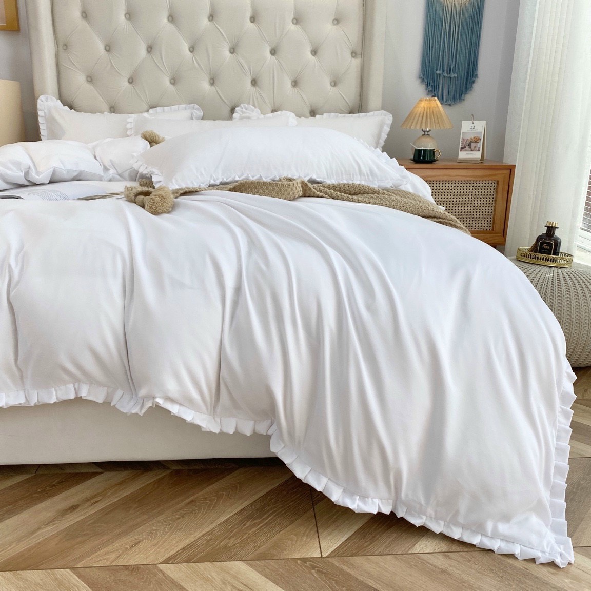 Bộ Chăn Ga Gối Cotton Tici Bèo LIDACO - Trắng