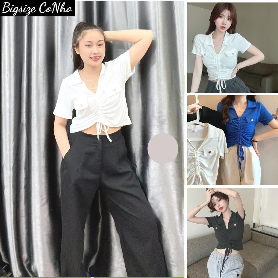 BIGSIZE Áo thun kiểu tay ngắn croptop bigsize nữ thiết kế rút dây ở giữa chất liệu thun gân G10 - Màu đen