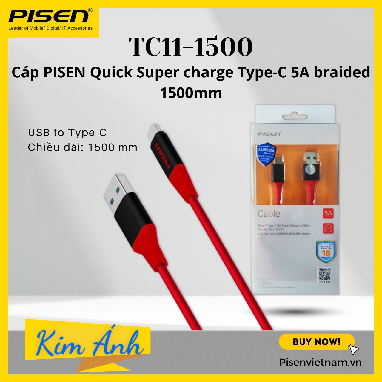 Dây sạc nhanh Pisen Type-C 5A Braided, Super charging 1,5m ( TC11-1500), dây dù chống rối, hàng chính hãng