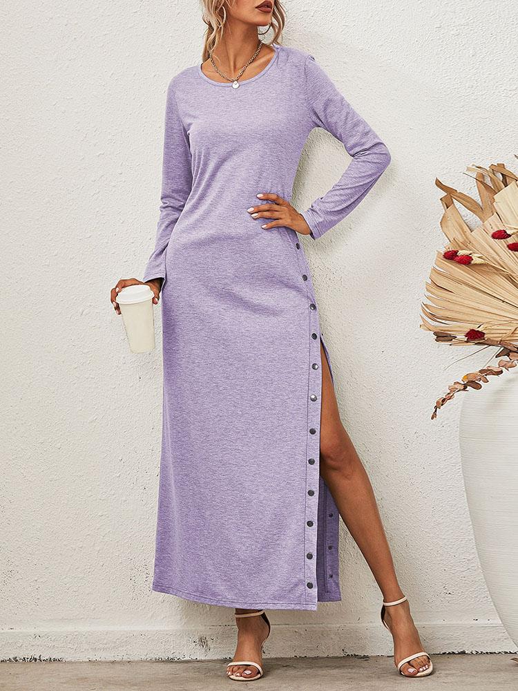 Sexy Women Solid Color Dress O Neck Long Sleeve High Split Buttons Casual Slim Long Dress