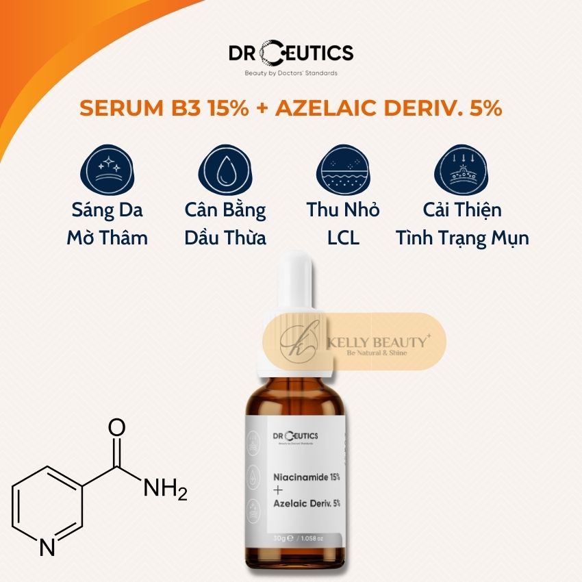 Serum Vitamin B3 15% DrCeutics - Ngừa Mụn, Làm Sáng, Mờ Thâm, Đều Màu Da; Se Lỗ Chân Lông - Niacinamide 15% + Azelaic 5%