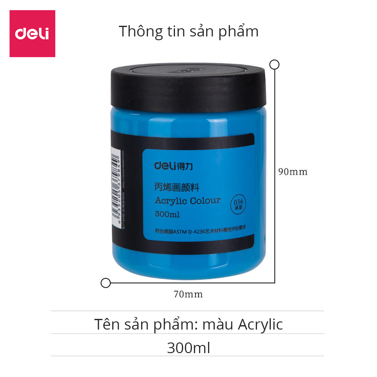 Màu Acrylic 300ml cao cấp dạng hũ Deli - Tô đất sét, đất nặn tự khô, vẽ vải, giày, đa chất liệu, tươi sáng, nhanh khô - Nhiều màu sắc - 73875