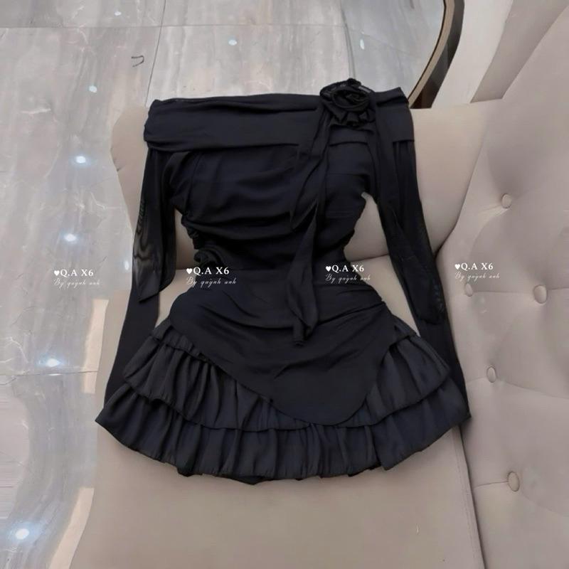 Set tiểu thư áo lưới nhúng trễ vai tà nhọn đính hoa kèm chân váy tơ tầng nhẹ nhàng hách dáng cho các nàng BY JOLIE - Hồng, Hồng