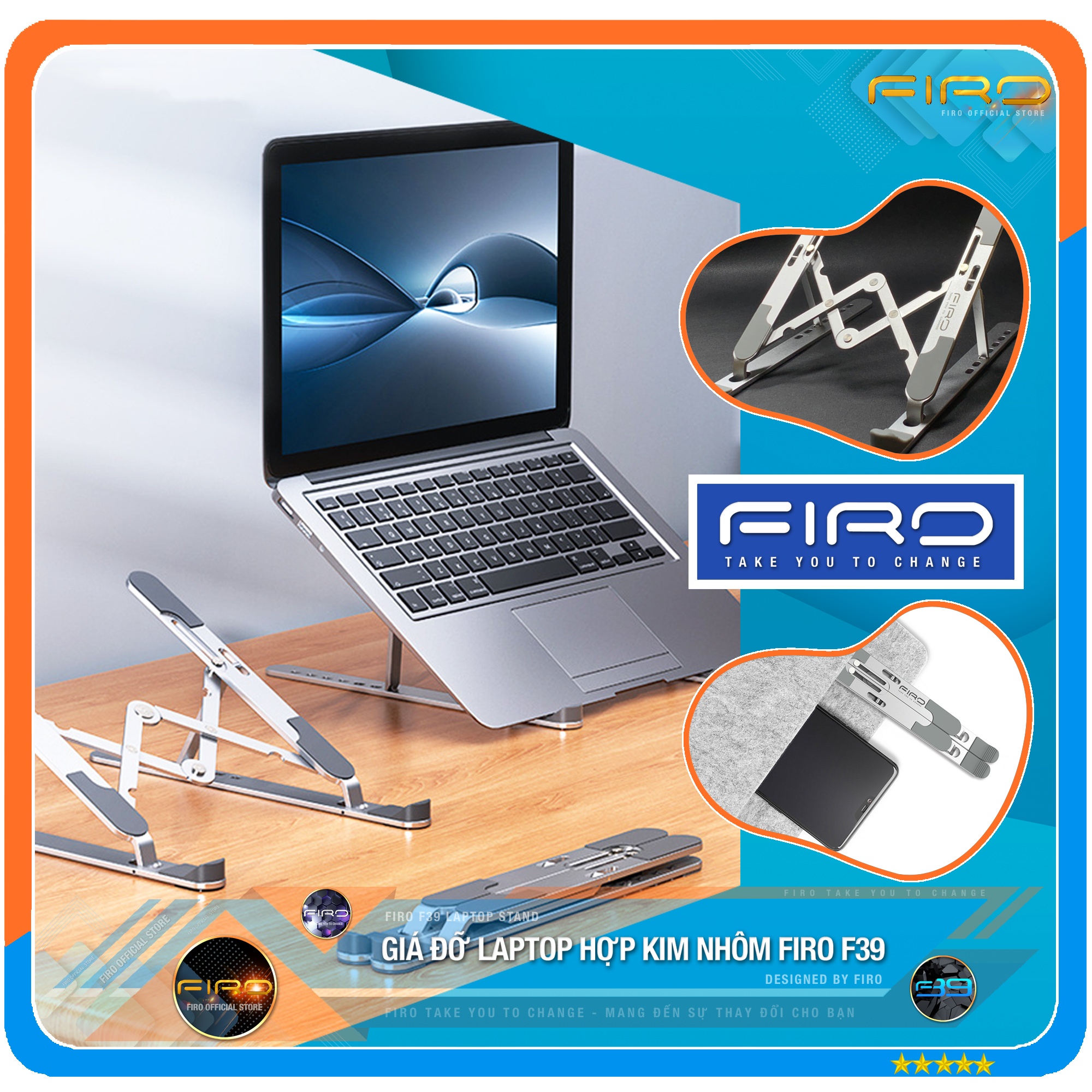 Giá Đỡ Laptop Hợp Kim Nhôm Cao Cấp FIRO F39 - Đế Tản Nhiệt Cho Laptop,Macbook,Máy Tính Xách Tay,Gấp Gọn Tiện Lợi - 10 Vị Trí Điều Chỉnh Góc Độ - Tương Thích Với Các Dòng Laptop/Macbook 11 - 17inch Và Tất Cả Máy Tính Bảng - Hàng Chính Hãng