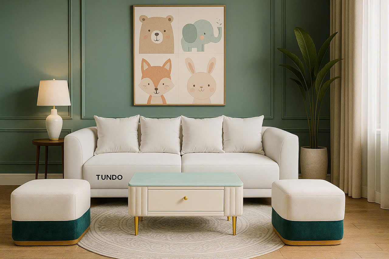Bộ sofa trắng Juno Sofa Kingdom ghế 2m, 2 đôn và tặng bàn trà.