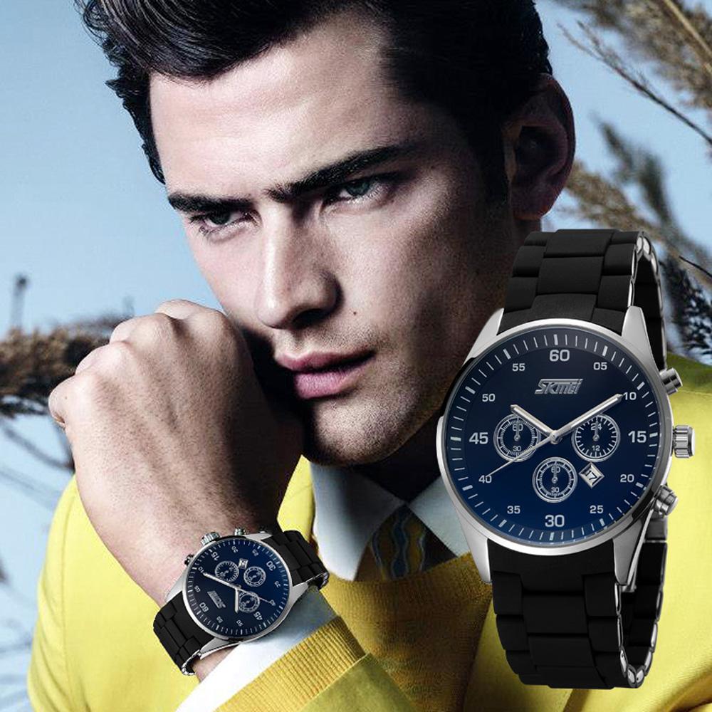 Đồng hồ thời trang nam chống nước SKMEI 3ATM với 3 mặt số phụ với dây đeo bằng hợp kim silicone