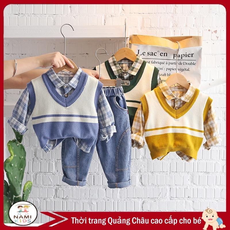 Set 3 chi tiết bé trai gồm gile len + sơ mi kẻ dài tay + quần jean dài