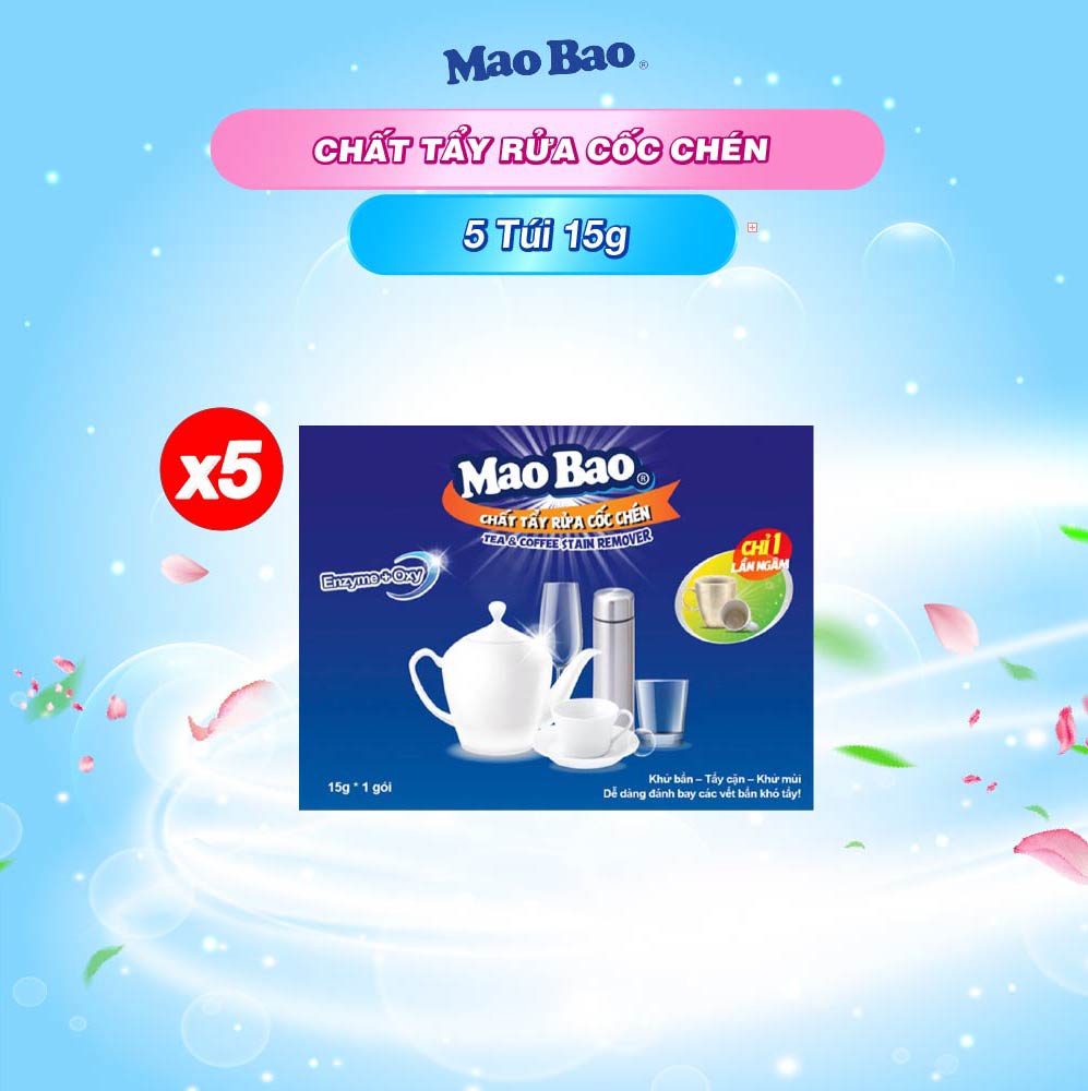 Combo 5 túi Chất Tẩy Rửa Cốc Chén Siêu Sáng Bóng Mao Bao 15g x1 gói