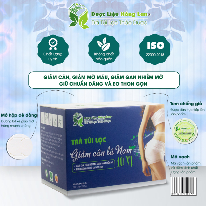 Trà Túi Lọc giảm cân lá nam 10 vị hộp 60g (20gói x 3g) - Công Ty Dược Liệu Hồng Lan