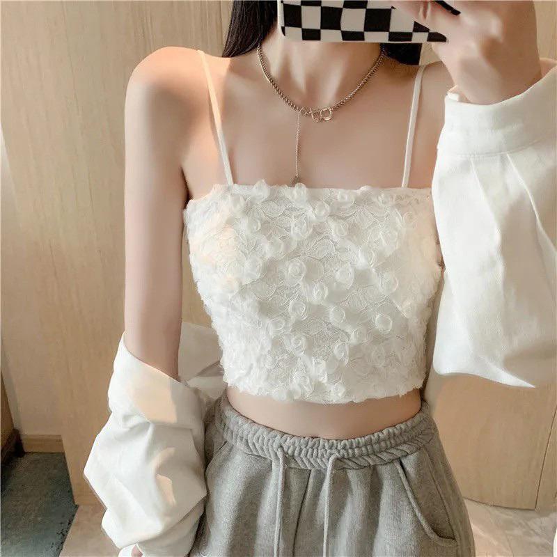 Áo hai dây nữ hoa hồng nổi đệm ngực chun lưng hàng QC