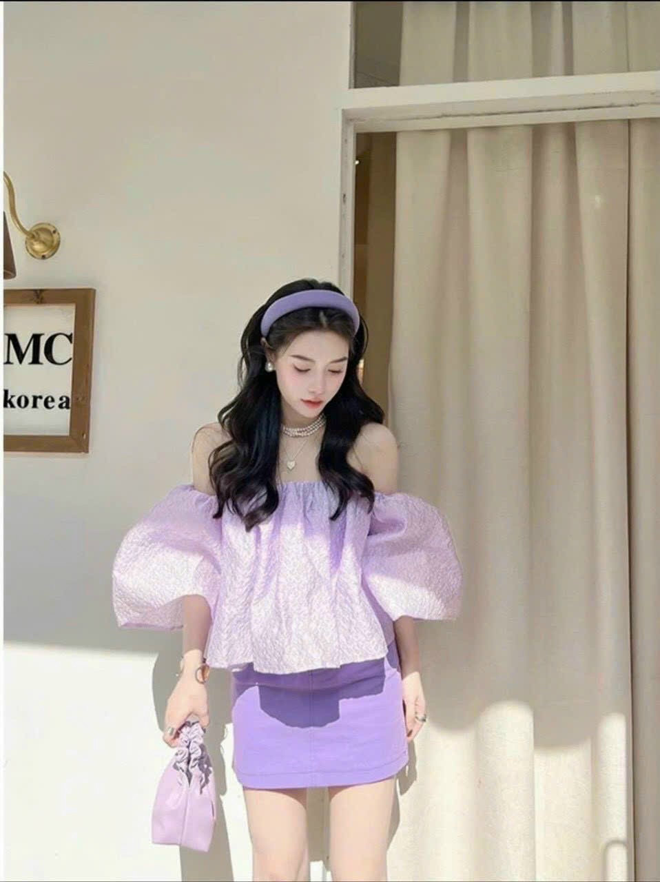 ĐẦM SET ÁO CROPTOP TRỄ VAI CỔ U TAY NGẮN BỒNG PASTEL TRƠN+ CHÂN VÁY NGẮN SUÔNG TRƠN CHỮ A TÍM QUẦN VÁY DẠO PHỐ DỰ TIỆC CÔNG SỞ ĐI BIỂN