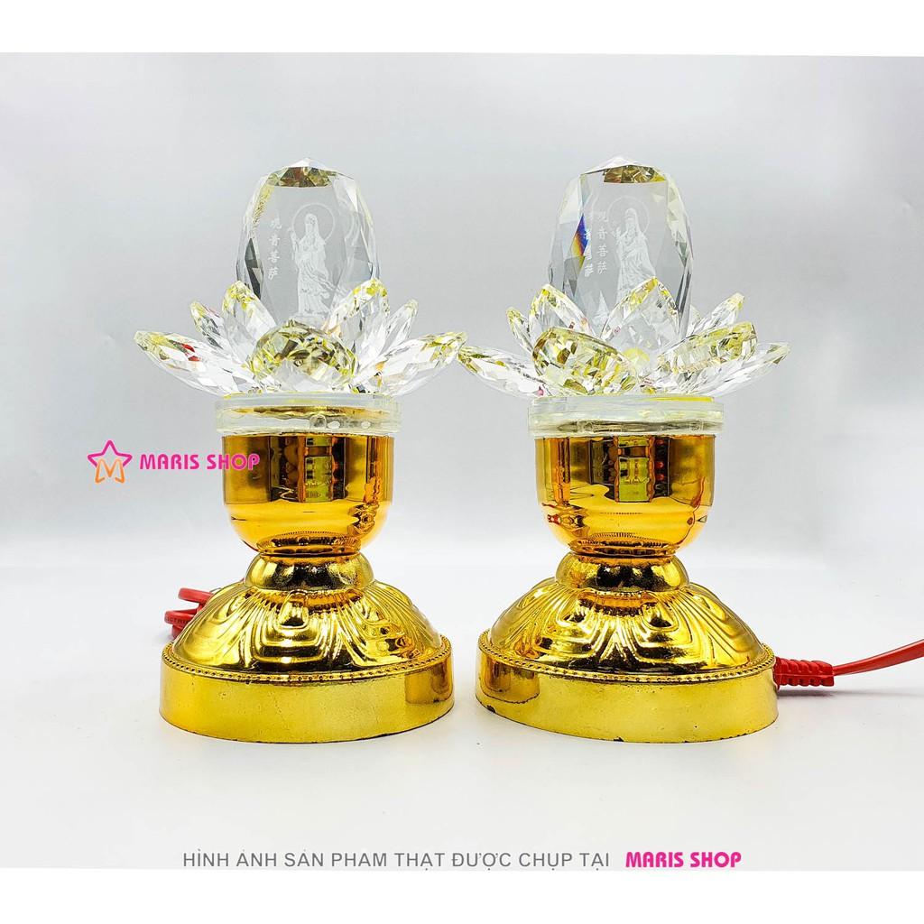 Đèn Thờ Hoa Sen Pha Lê Hình Phật Quan Âm Nguyên Khối Cao 15cm LED Đổi Màu Tự Động Để Bàn Thờ [MRHT20