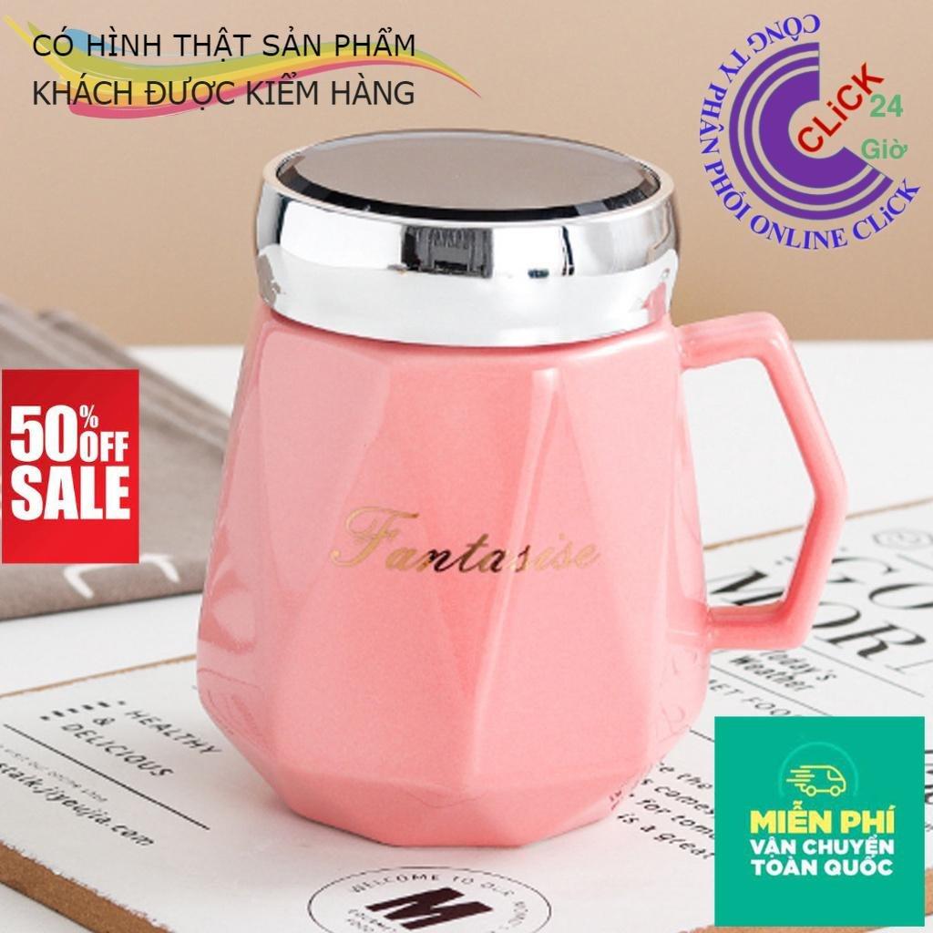 Cốc Sứ Giữ Nhiệt Hàng Đẹp Loại Cao Cấp - Ly Uống Nước Bằng Gốm Có Nắp Soi Gương Bền Đẹp Khó Vỡ - Hàng Cao Cấp - Màu Hồng