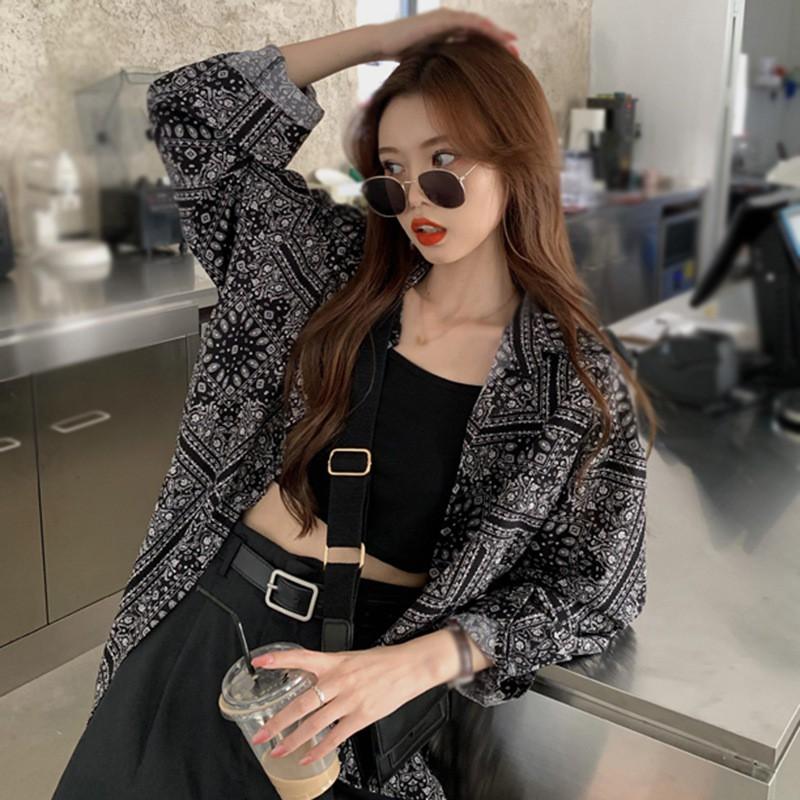 Áo Sơ Mi Tay Dài Form Rộng In Họa Tiết Phong Cách Retro Cho Nữ