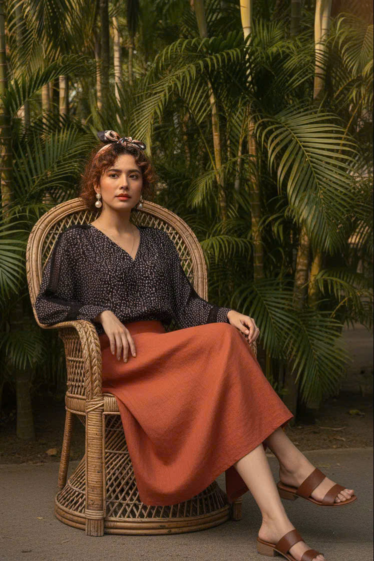 Váy Midi Linen, Váy Dài Linen Cam Gạch SKI055 thời trang thiết kế Hity