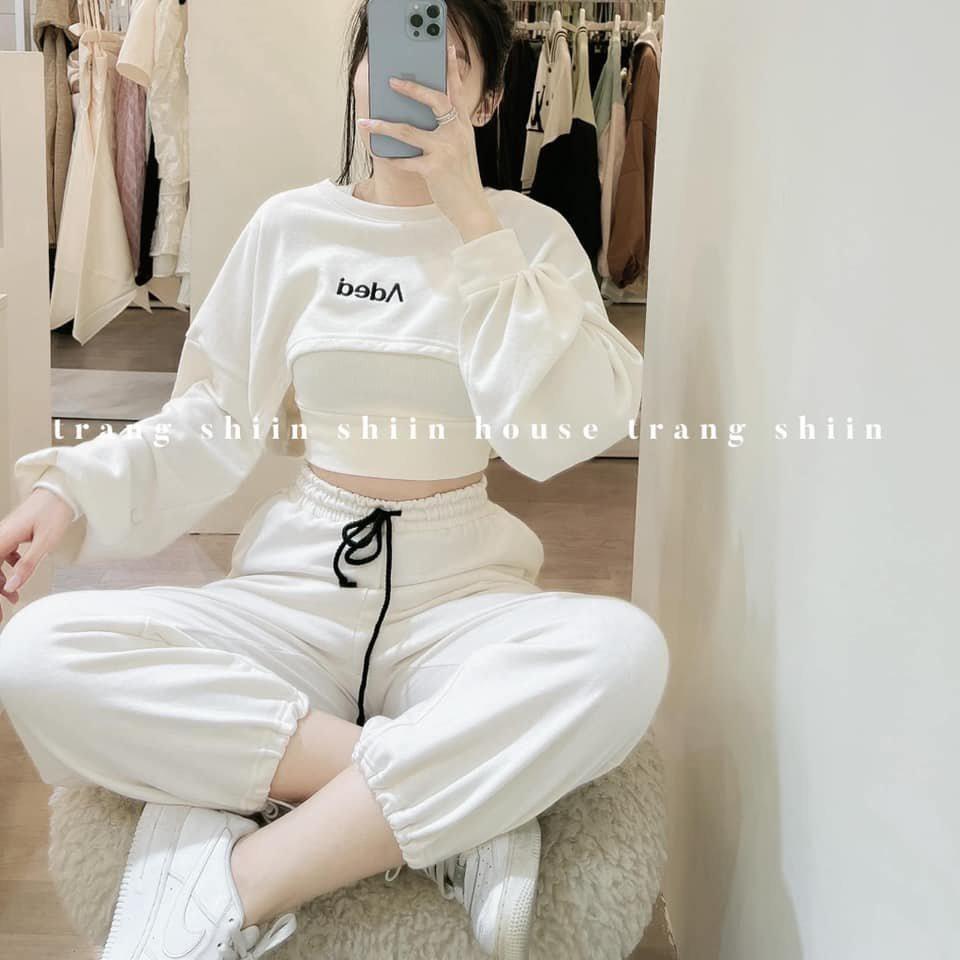 Set đồ đi biển,Sét 3 món áo croptop dài tay phồng kèm 3 lỗ phối quần bom trắng phong cách hiện đại thời trang nữ