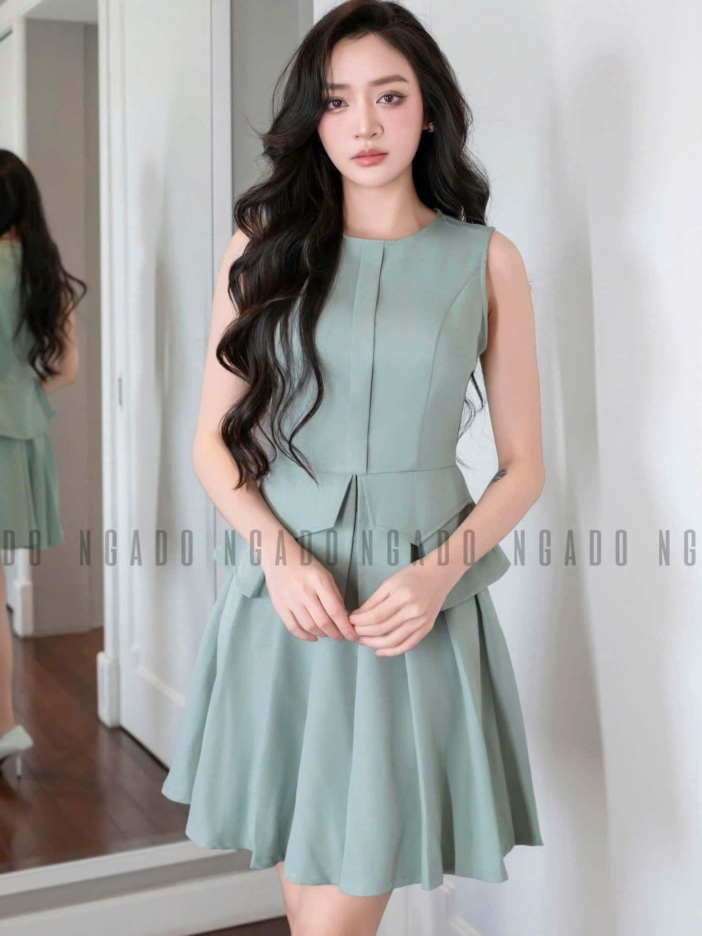 Set áo váy xanh mint xếp ly NGADO , set áo váy ngắn , set áo váy nữ , set công sở
