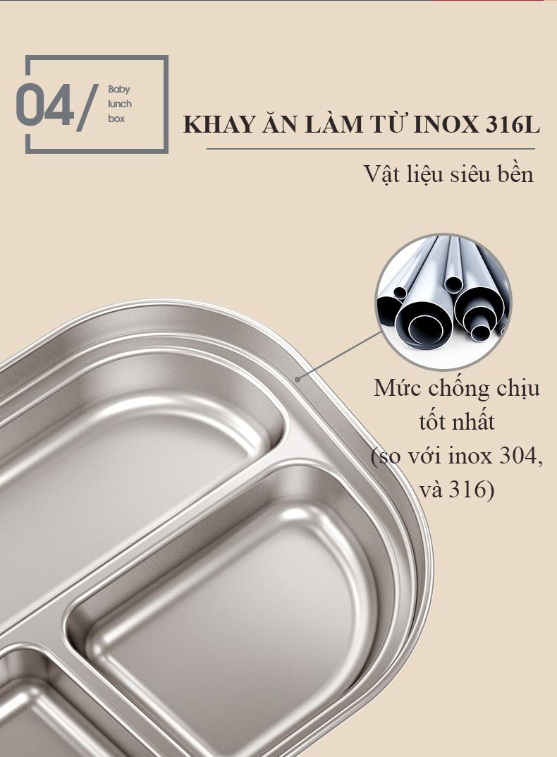 Bộ khay cơm phần giữ nhiệt 3 ngăn inox 316L có nắp đẩy kèm muỗng nĩa inox cho bé