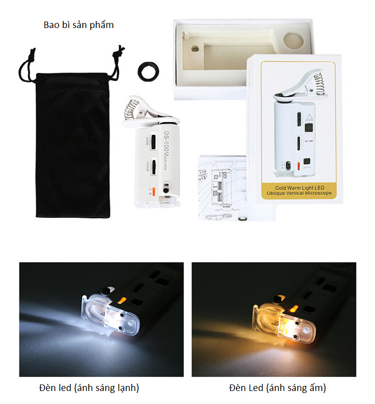 Kính lúp kẹp điện thoại độ phóng đại 60-100 lần có đèn Led chiếu sáng