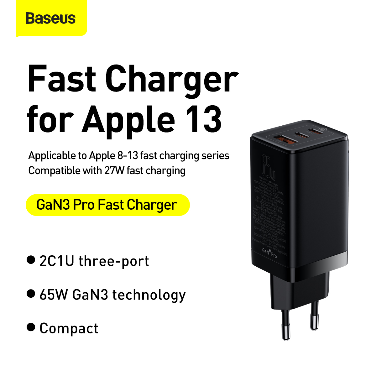 Bộ Sạc Nhanh Baseus GaN3 Pro Fast Charger 65W EU, 2C+U, PD3.0, QC4.0 (Kèm cáp Type-C to Type-C 1M 100W) 2022 - Hàng Chính Hãng