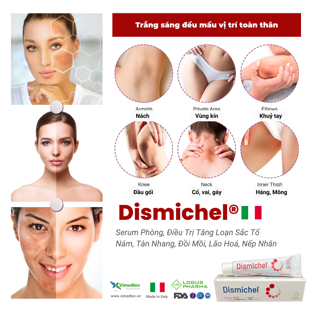 Dismichel Kem Serum Chống Lão Hoá Dưỡng Trắng Đều Màu Da Loạn Tăng Sắc Tố Hemosiderin Và Melanin Nám, Rạm, Tàn Nhang, Đồi Mồi, Quầng Thâm Toàn Thân, Sẹo, Tăng Sinh Tế Bào, Thẩm Thấu Dưỡng Ẩm Sâu. Viêm Da. Phục Hồi Tổn Thương Thẩm Mỹ. Nhập Khẩu Italy