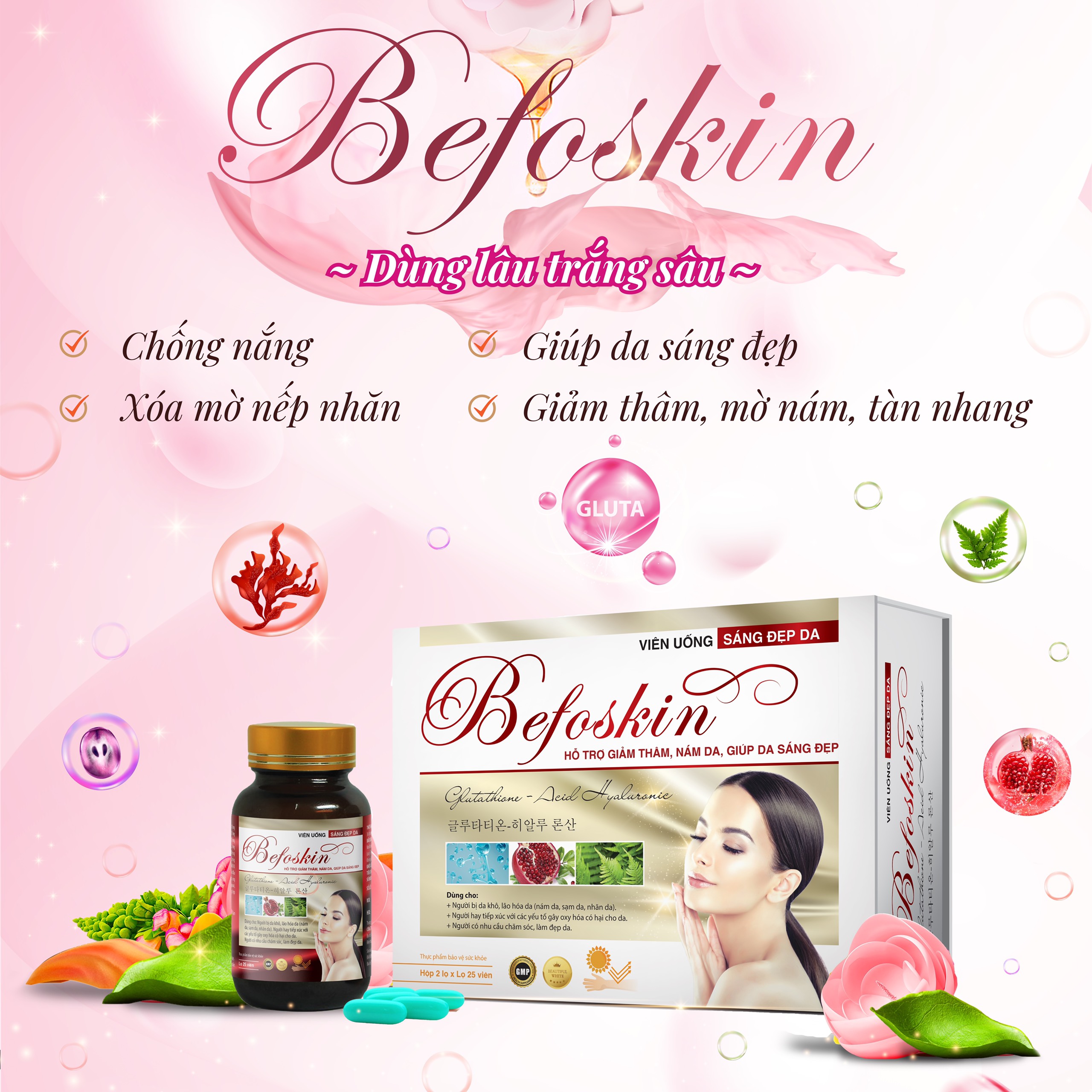 Viên Uống Sáng Đẹp Da Befoskin – Giúp Da Sáng Đẹp – Xóa Mờ Nếp Nhăn – Giảm Thâm, Mờ Nám Tàn Nhang – Chống Nắng Từ Sâu Bên Trong – Hộp 2 Lọ (50 Viên)