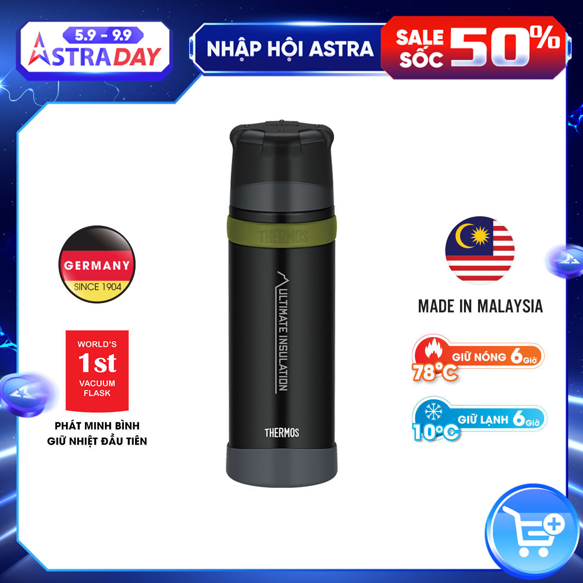 Bình giữ nhiệt Thermos kèm cốc FFX-751 MTBK 750ml màu đen nhám Hàng chính hãng