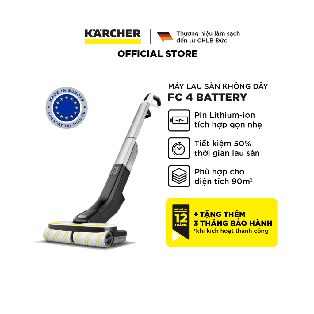 (Sản xuất Châu Âu) Máy lau sàn đa năng Karcher FC 4 Battery - Lau sàn 2 trong 1 nhanh chóng, phù hợp diện tích 90m2 - Hàng Chính Hãng