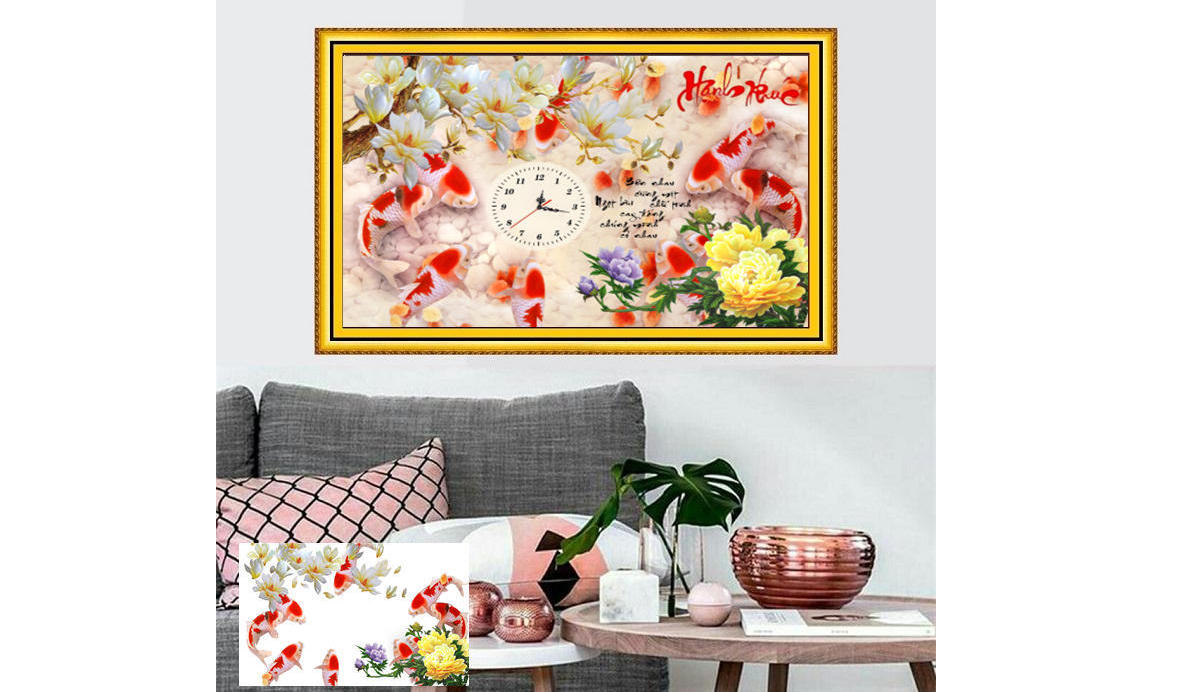 Tranh đính đá đồng hồ cá chép VS221 - 75 x 50 cm - chưa đính