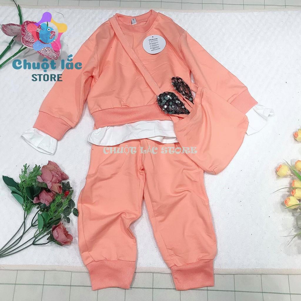 Sét bộ quần áo bé gái thun cotton 4 chiều kèm túi đeo cho bé từ 10kg đến 22kg