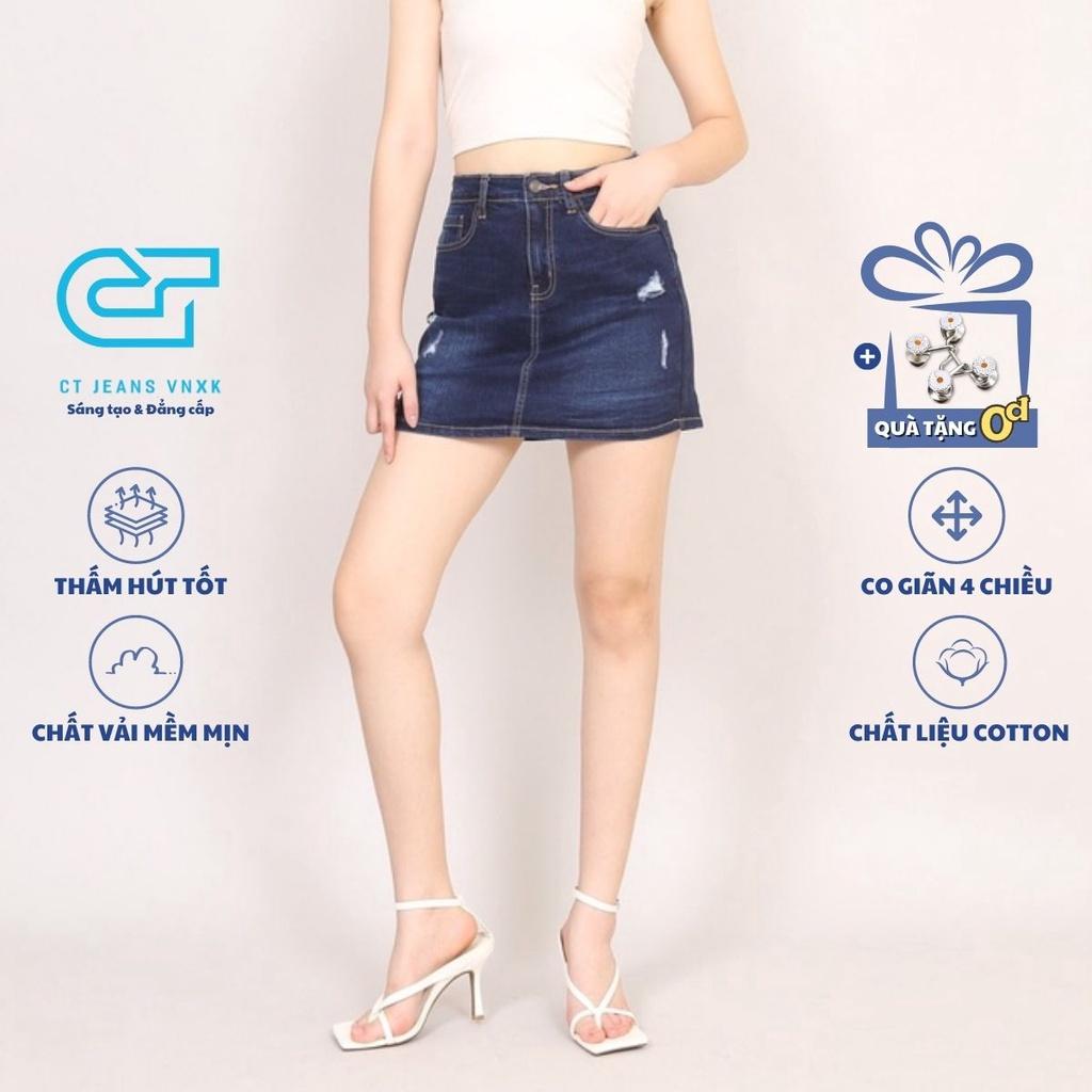 Chân váy jean chữ A rách vừa gấu thường co giãn bên trong có quần CT JEANS