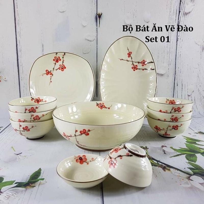 Bộ bát đĩa men kem, họa tiết hoa đào. Gốm sứ