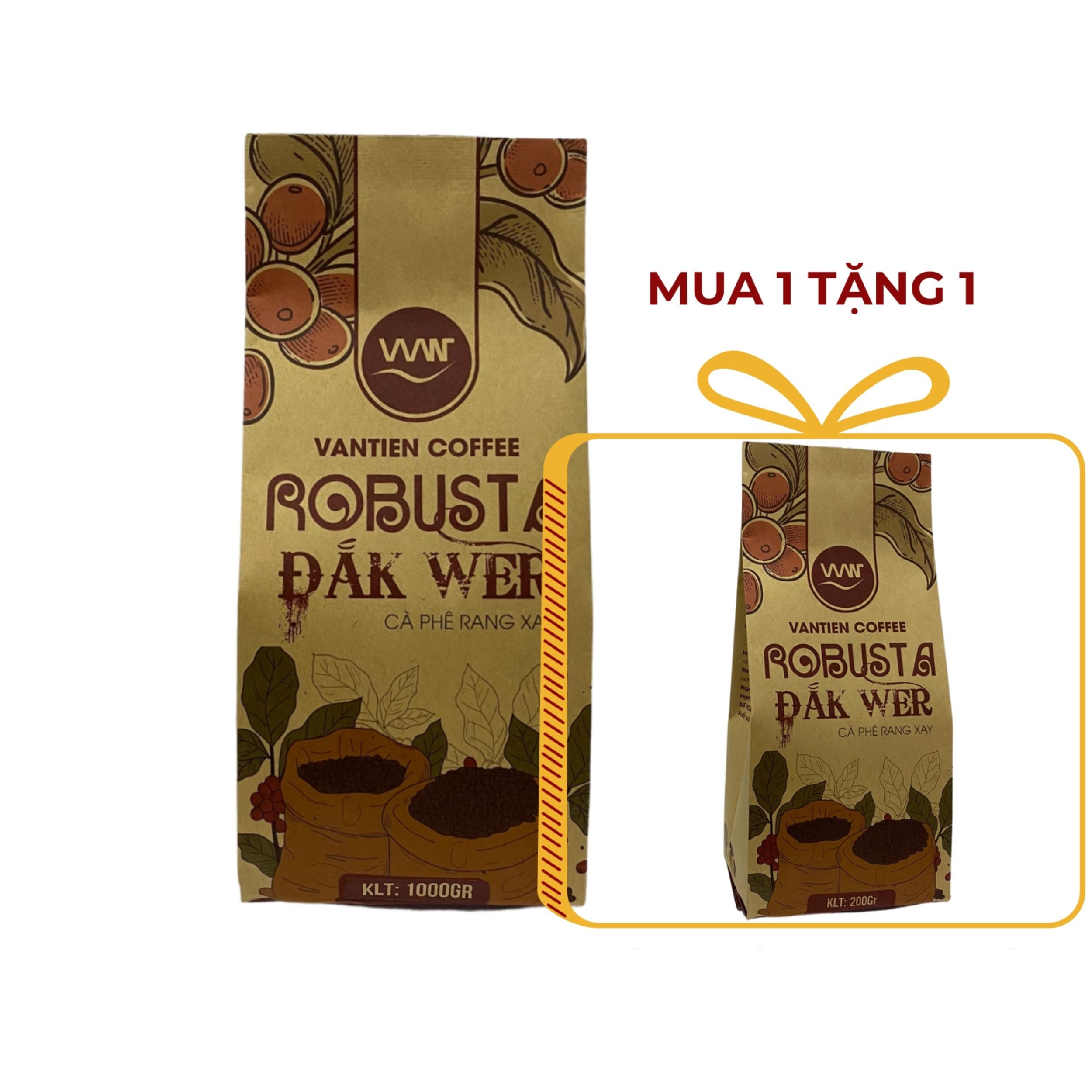 Mua 1 Tặng 1 - Cà Phê rang xay Robusta Đắk Wer Vantien Coffee gồm túi 1kg và gói 200g