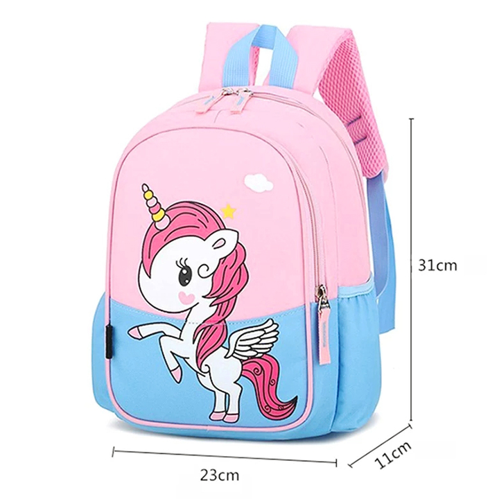 Balo unicorn cho bé 3-7 tuổi chất vải nhẹ mềm thiết kế 2 ngăn lớn và 2 ngăn để bình nước tiện lợi