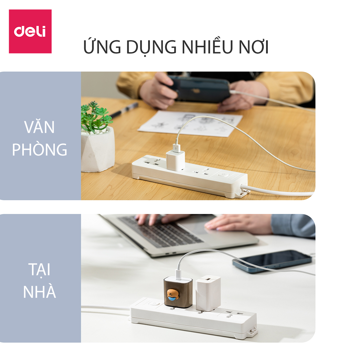 Ổ Cắm Điện Tích Hợp Cổng USB Đa Năng Deli , 2-6 Lỗ Cắm Đầu 3 Công Suất 2500W, Dây 2-5M Tiện Dụng, An Toàn, Chống Cháy Nổ