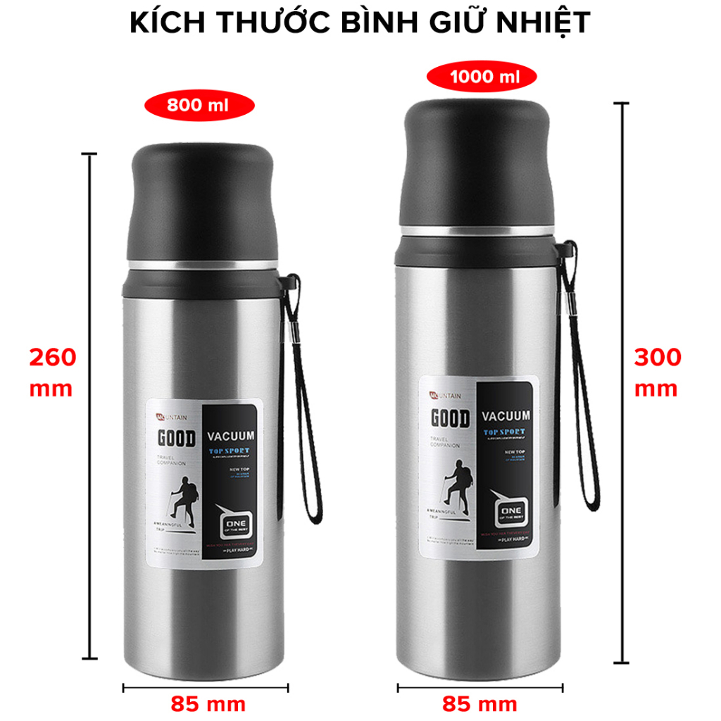 Bình Giữ Nhiệt 12 Tiếng Dáng Thể Thao Good 800 -1000ml Từ Inox 304 An Toàn Cao Cấp miDoctor – Có Nút Nhấn, Kèm Cốc