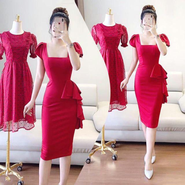 Đầm Body Cổ Vuông Phối Bèo Hông Eo Tay Cách Điệu