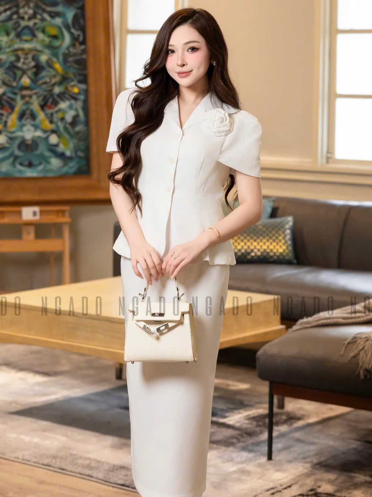 Set áo váy trắng cổ vest NGADO , set áo váy dài , set áo váy công sở , dự tiệc