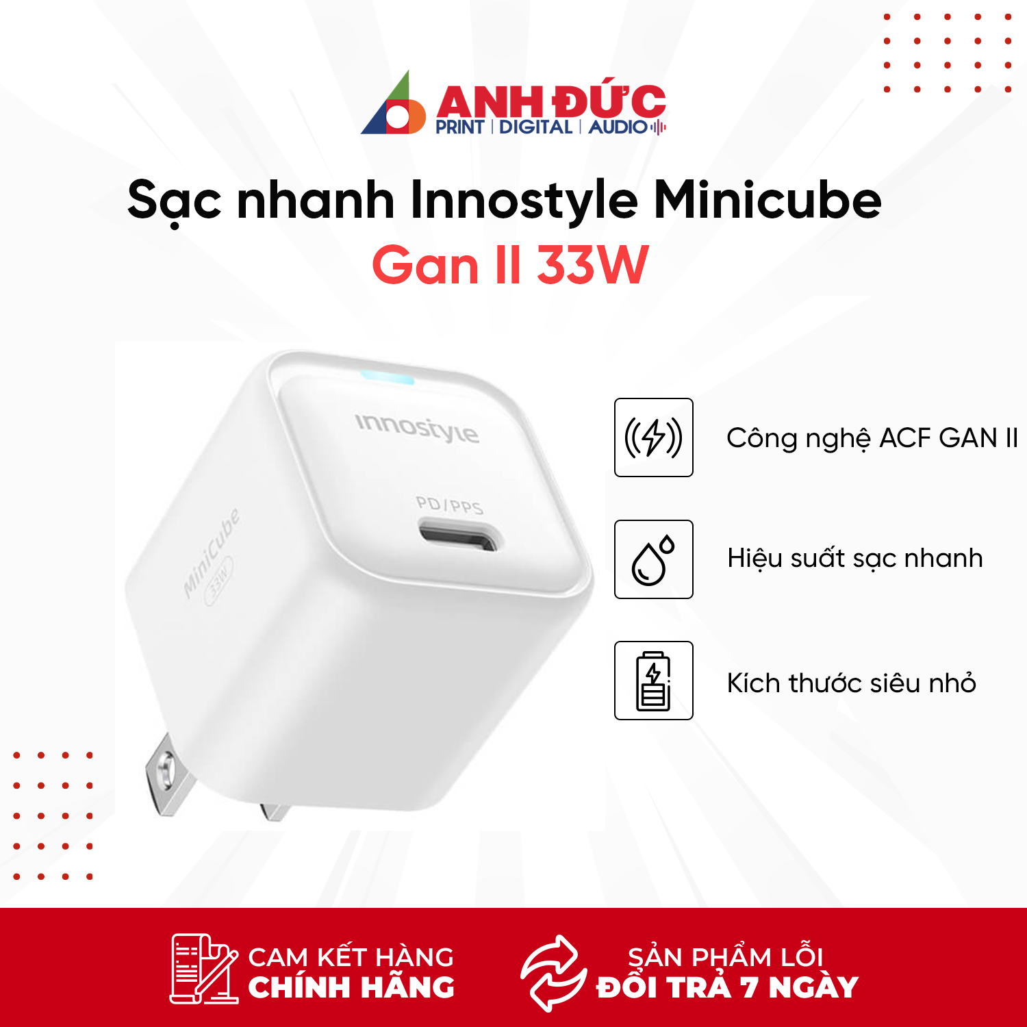 Củ sạc nhanh Innostyle Minicube Gan II 33W PD/QC3.0 &amp; PPS (IC33PD)- Hàng Chính Hãng