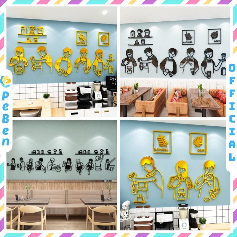 Tranh dán tường mica 3d decor khổ lớn - quầy pha chế trang trí quán cafe, trà sữa - 3 người - Đen - S